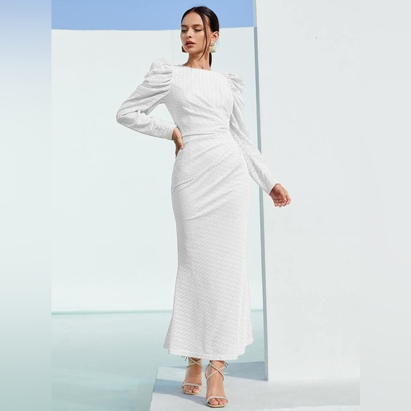 SHEIN White Textured Ruched Solid Lace Long Sleeve Dress Size 6 - Picture 1 of 14